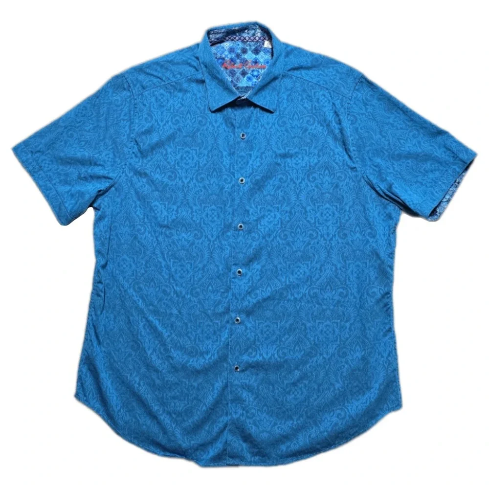 Robert Graham Mens XL Shirt S/S Blue Demask Geometric Paisley Floral Flip‎ Cuff - Picture 2 of 14